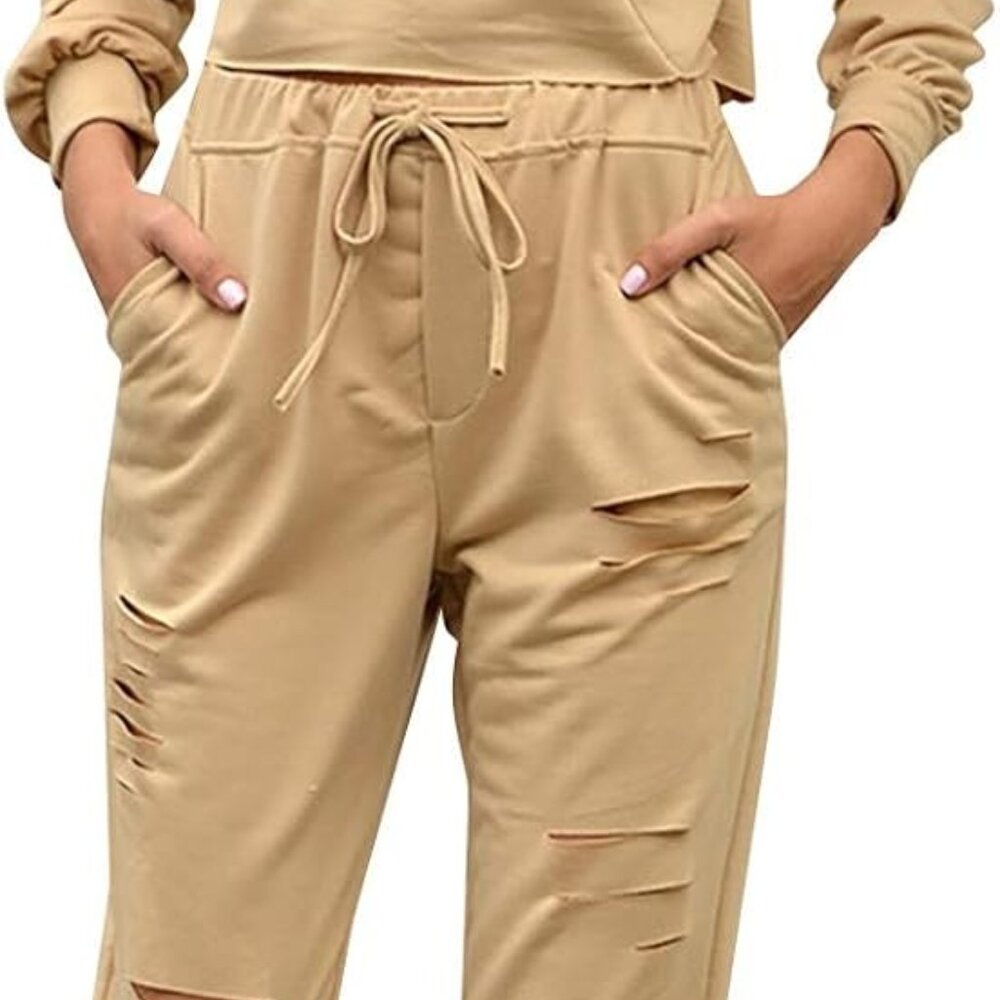 Jogger Set with Crop Sweatshirt Hoodie Distressed Cut …